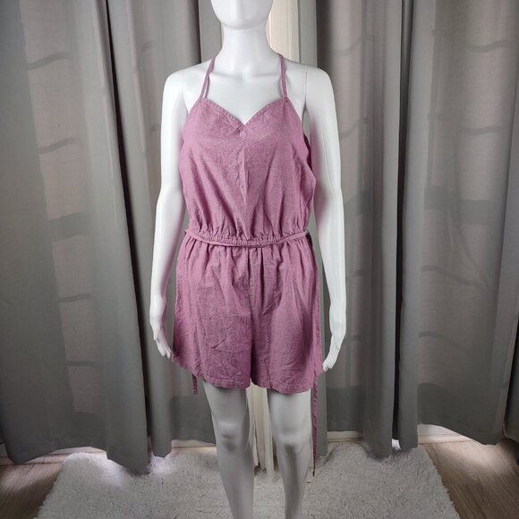 Mossimo Pink Crochet Back Romper 100% Cotton Knit Tie Waist Casual Size M - Picture 2 of 12